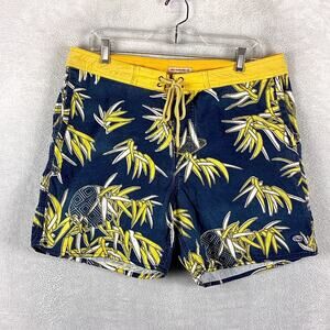 Deus Ex Machina Board Shorts Men 32 Navy Yellow Miyagi Bamboo AOP Surf Beach
